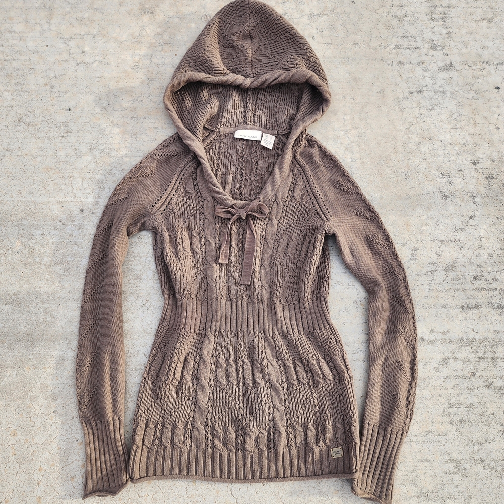DKNY Green Y2K Bella Swan V Neck Knit Long Sleeve Hooded Babydoll Sweater Top, S